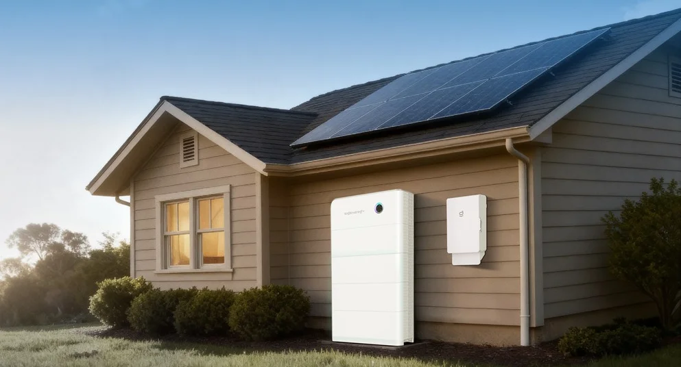A modern home with rooftop solar generating power and a Sigenergy battery stack charging
